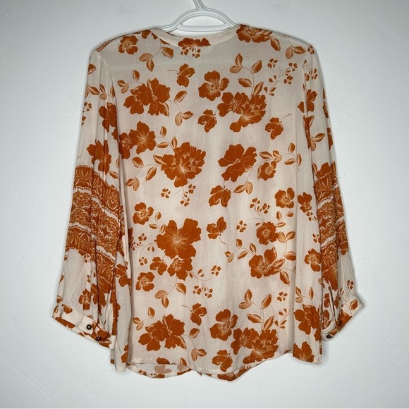 Garnet Hill Orange Cream Floral Button Up Blouse Size Small Fall Autumn - Picture 2 of 13